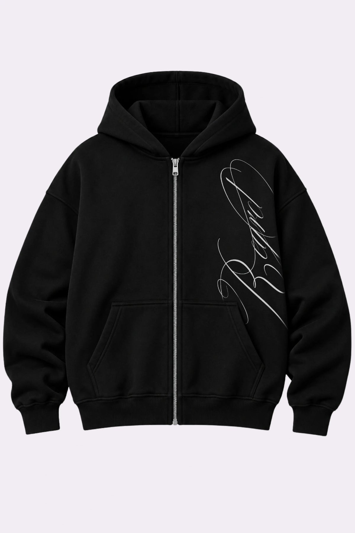 Black Cursive Script Oversized Zip-Up Hoodie