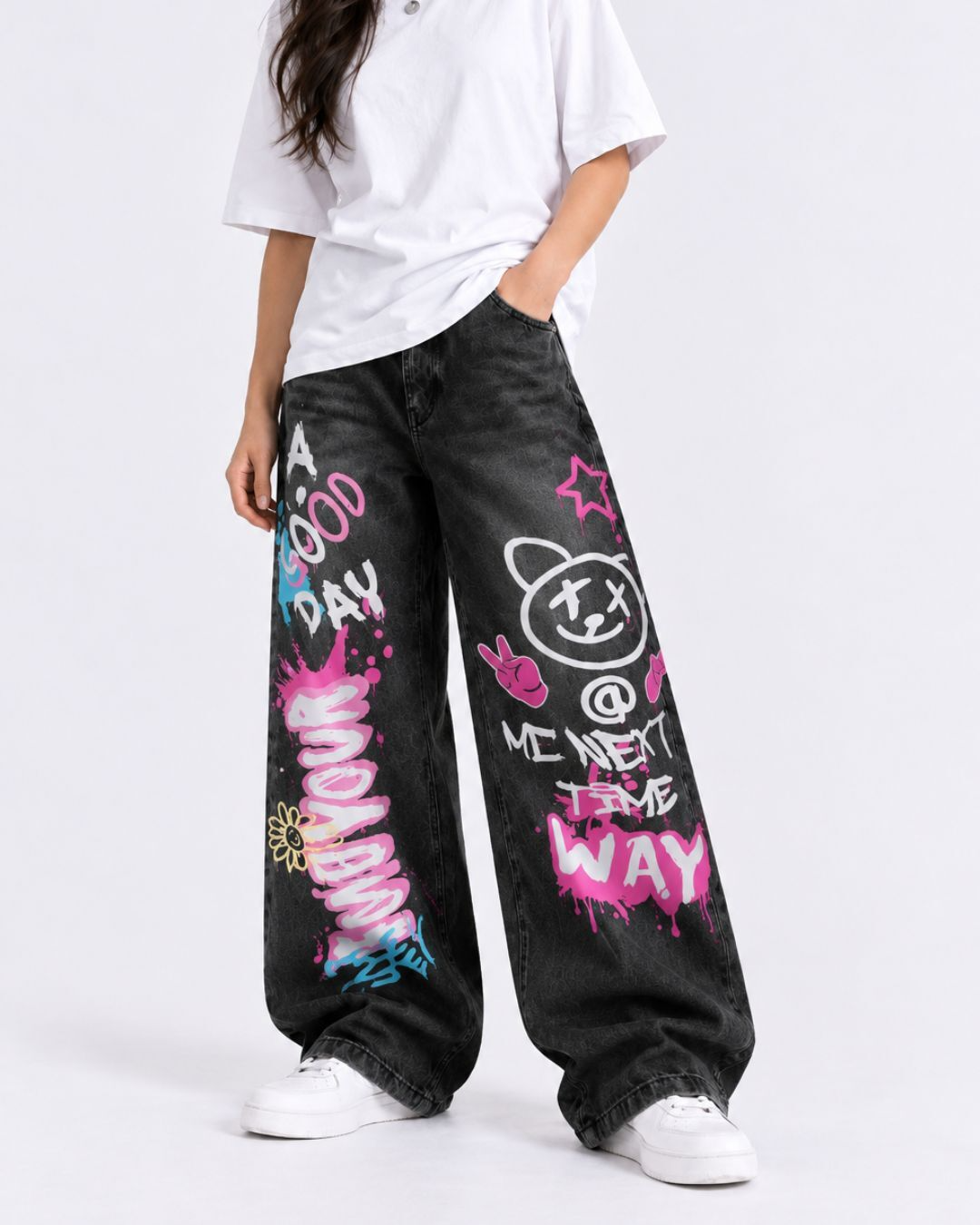 Black Graffiti Bear Baggy Jeans