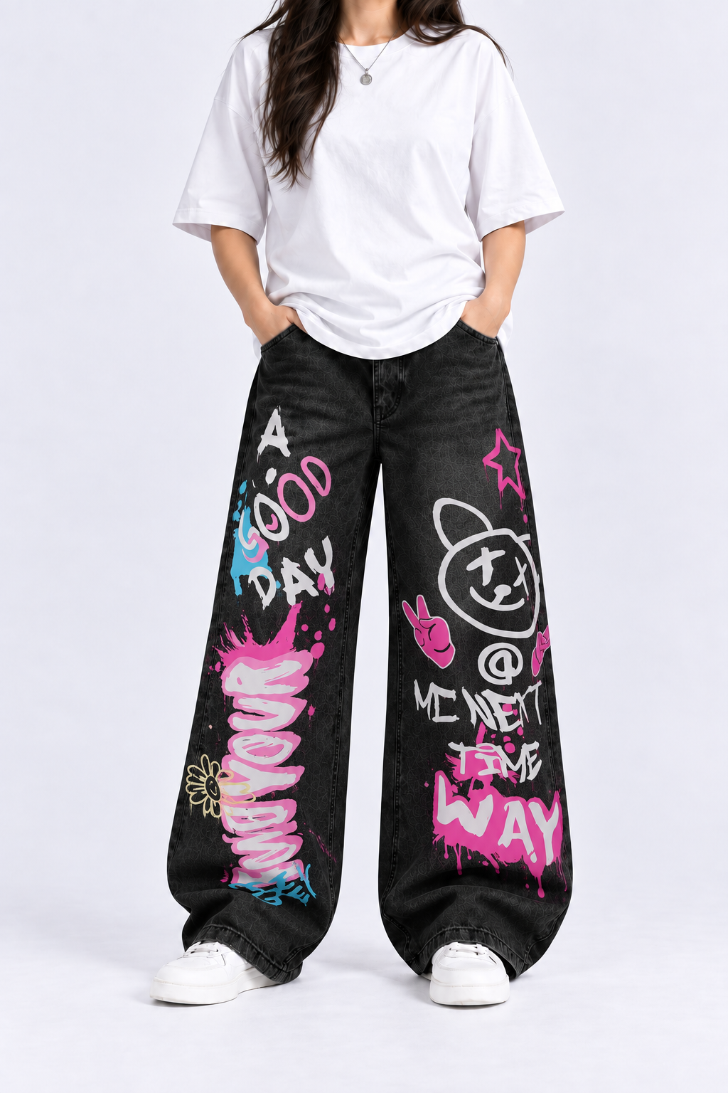 Black Graffiti Bear Baggy Jeans
