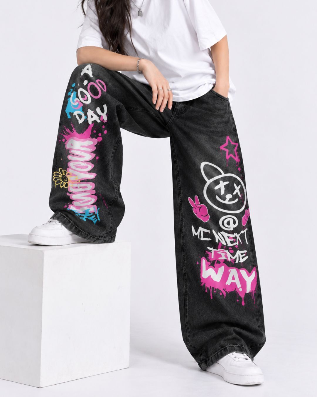 Black Graffiti Bear Baggy Jeans