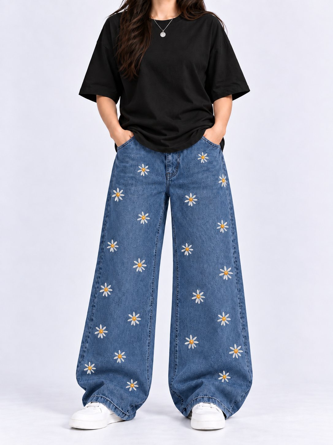 Blue Daisy Embroidered Wide-Leg Jeans