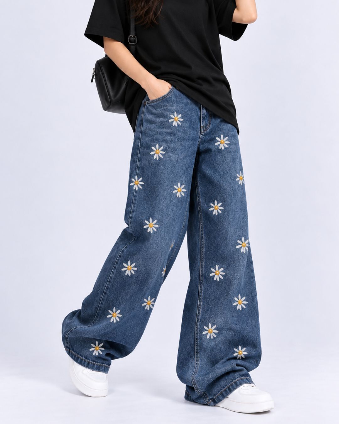 Blue Daisy Embroidered Wide-Leg Jeans