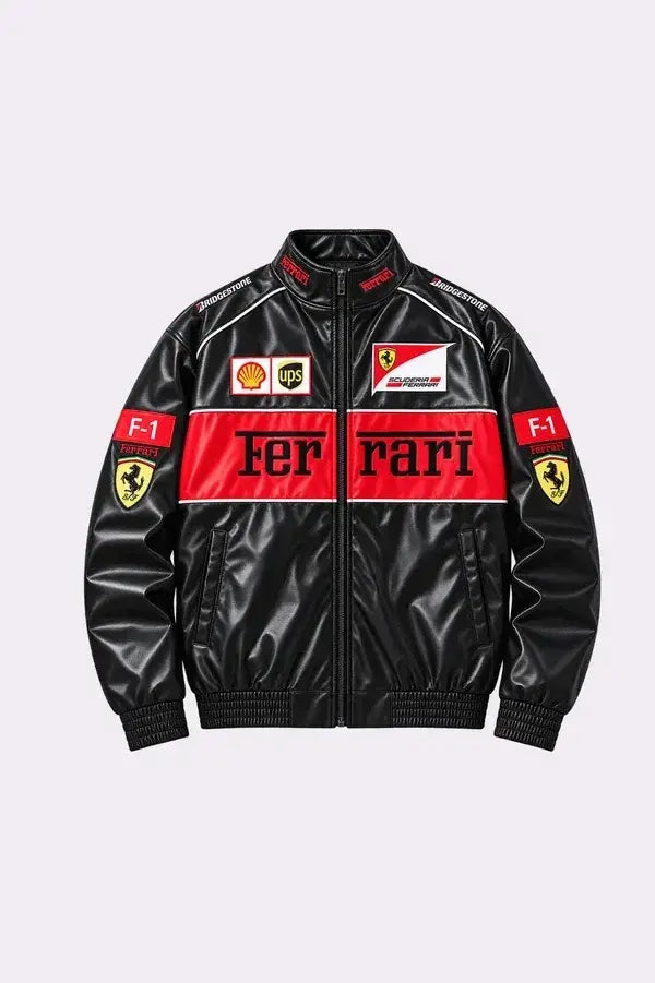 Ferrari F1 Black Faux Leather Racing Jacket