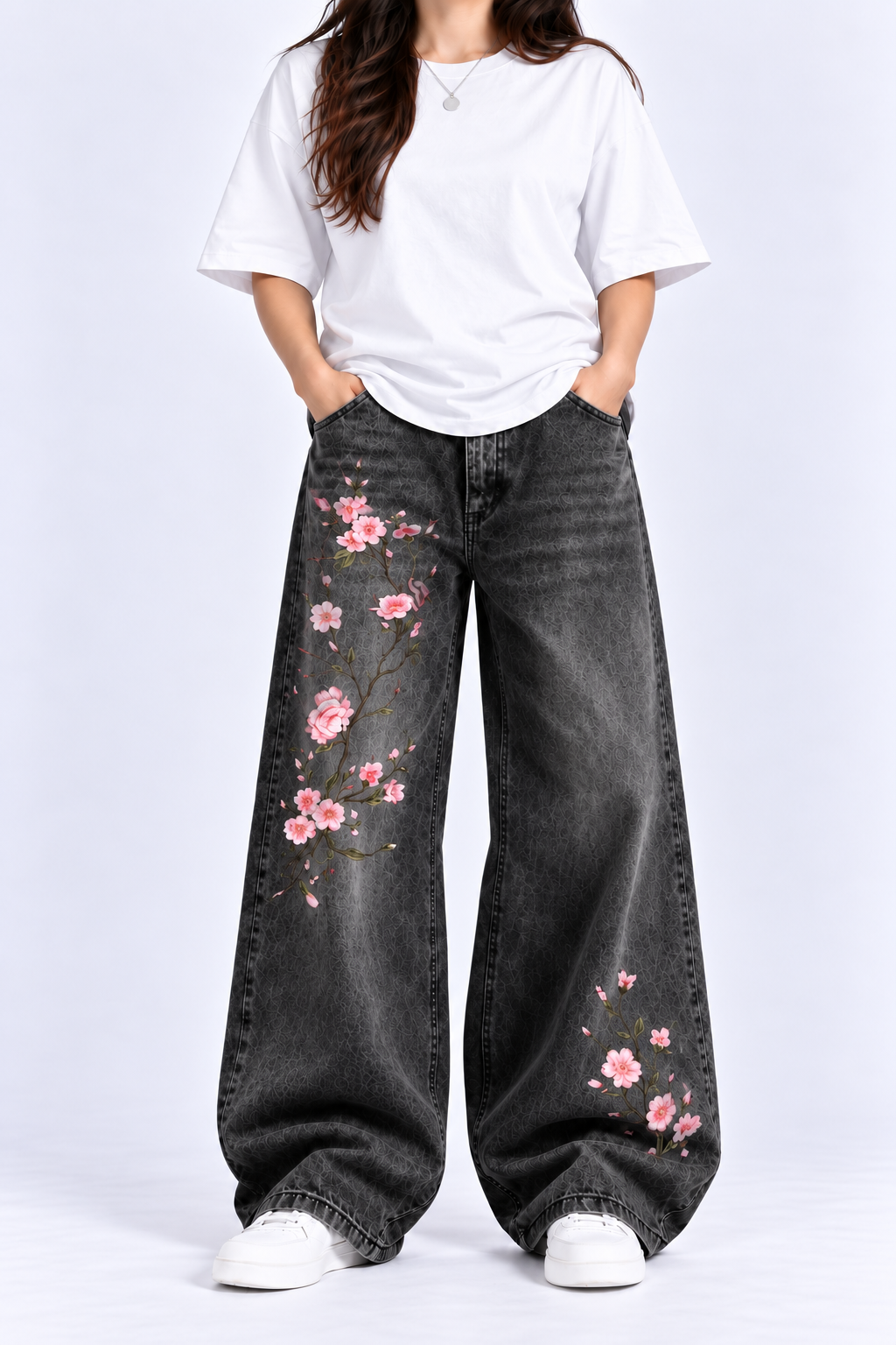 Washed Black Cherry Blossom Wide-Leg Jeans