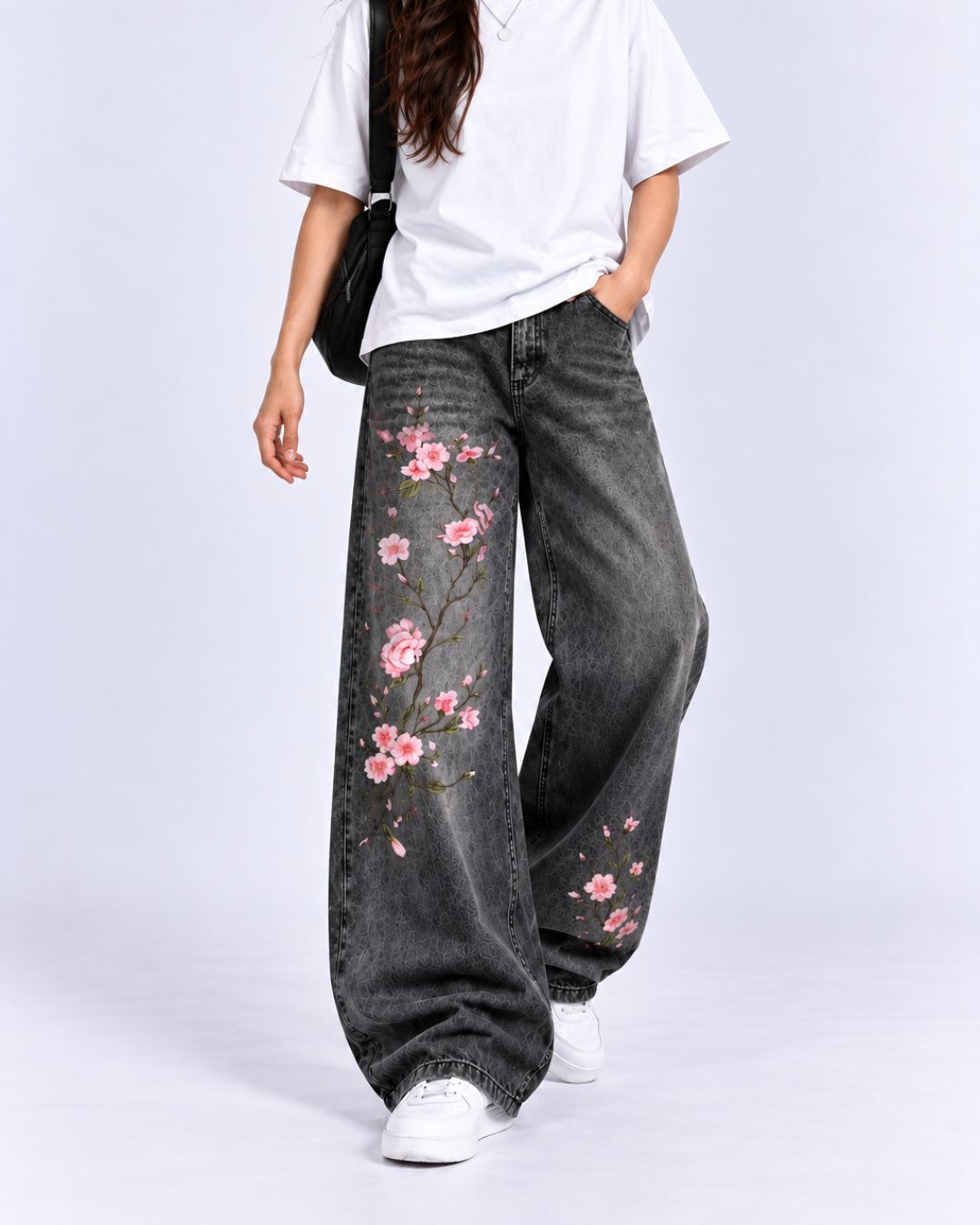 Washed Black Cherry Blossom Wide-Leg Jeans