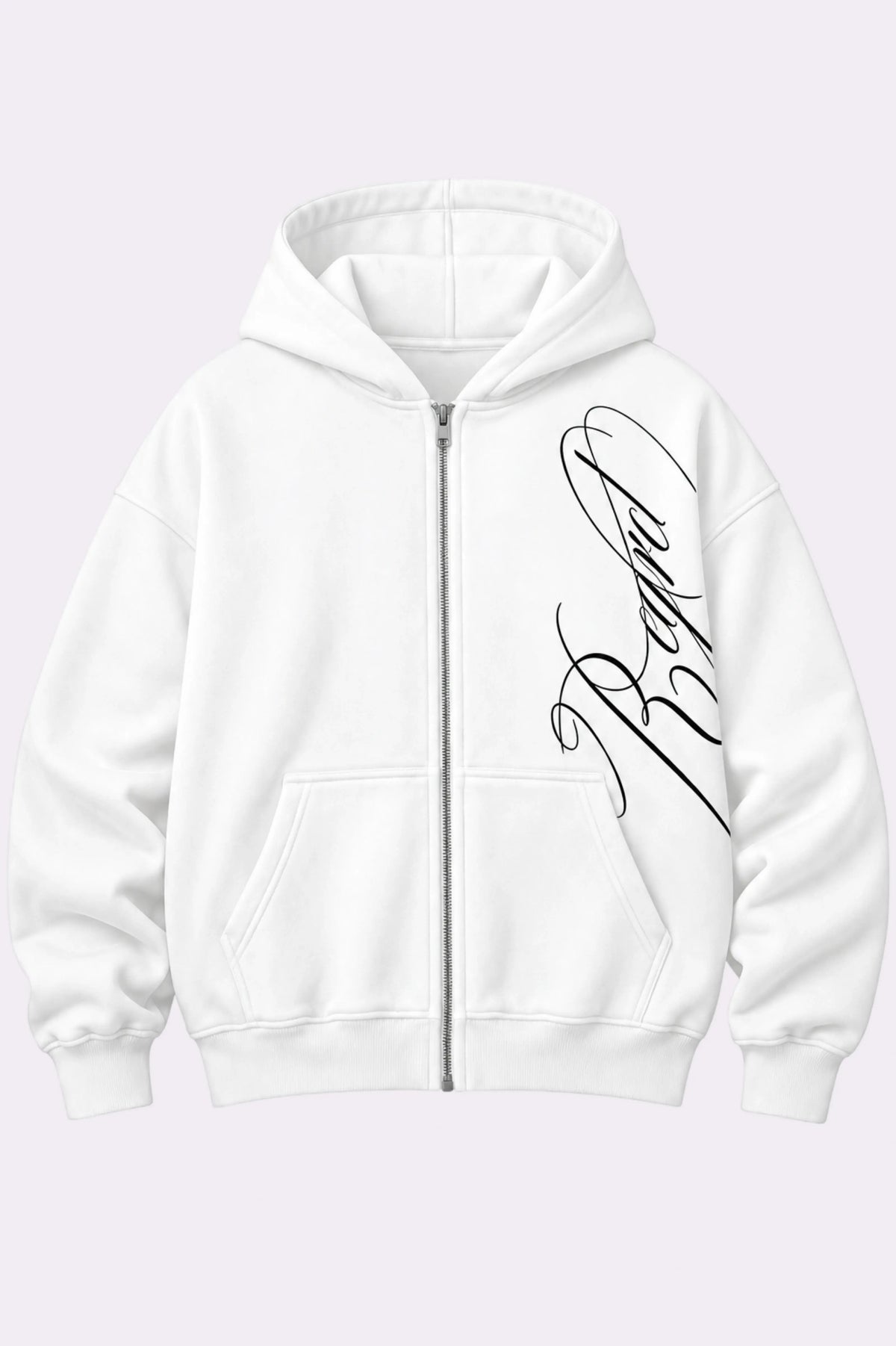 White Cursive Script Oversized Zip-Up Hoodie