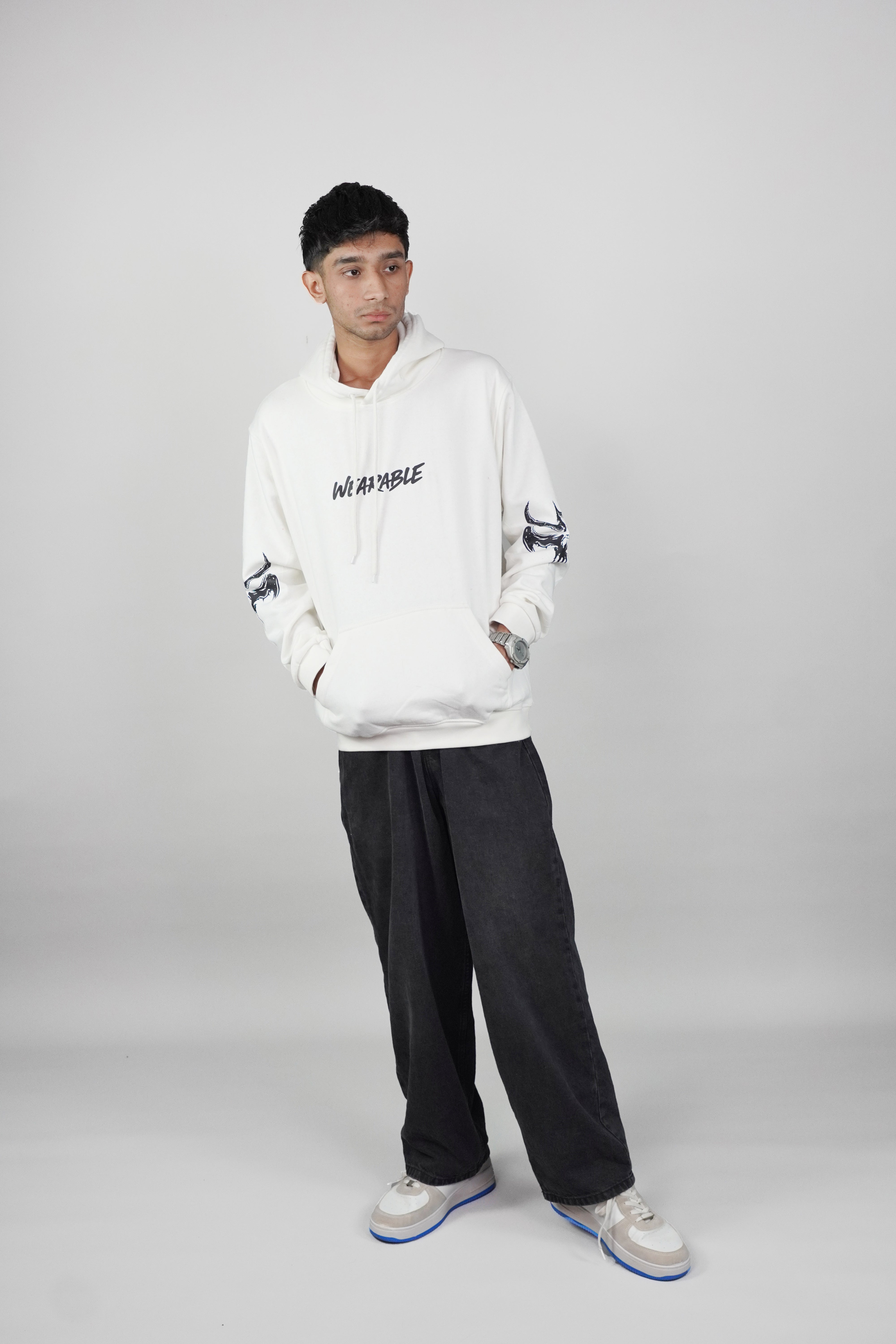 gothic bat skull graphic print White Hoodie