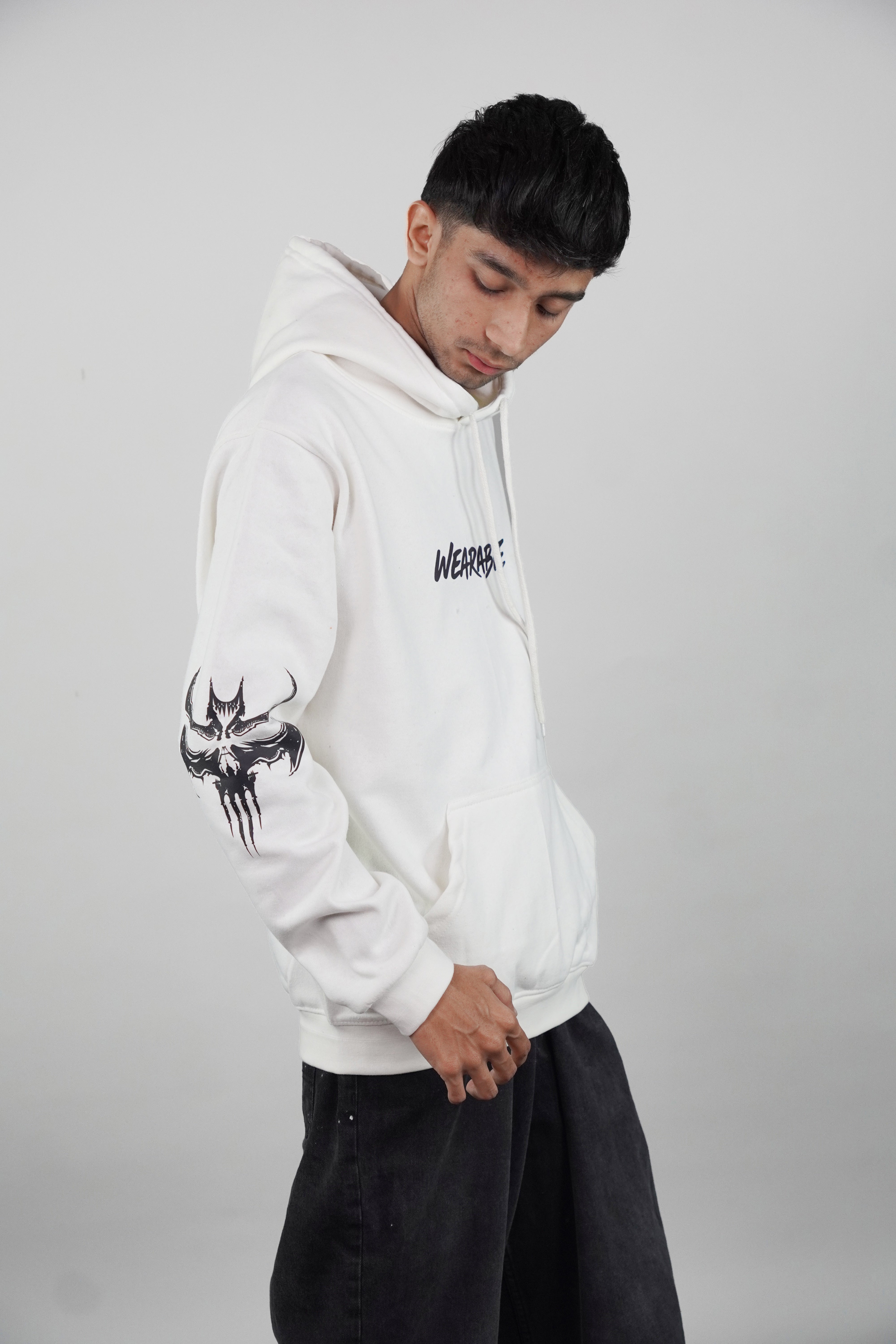 gothic bat skull graphic print White Hoodie