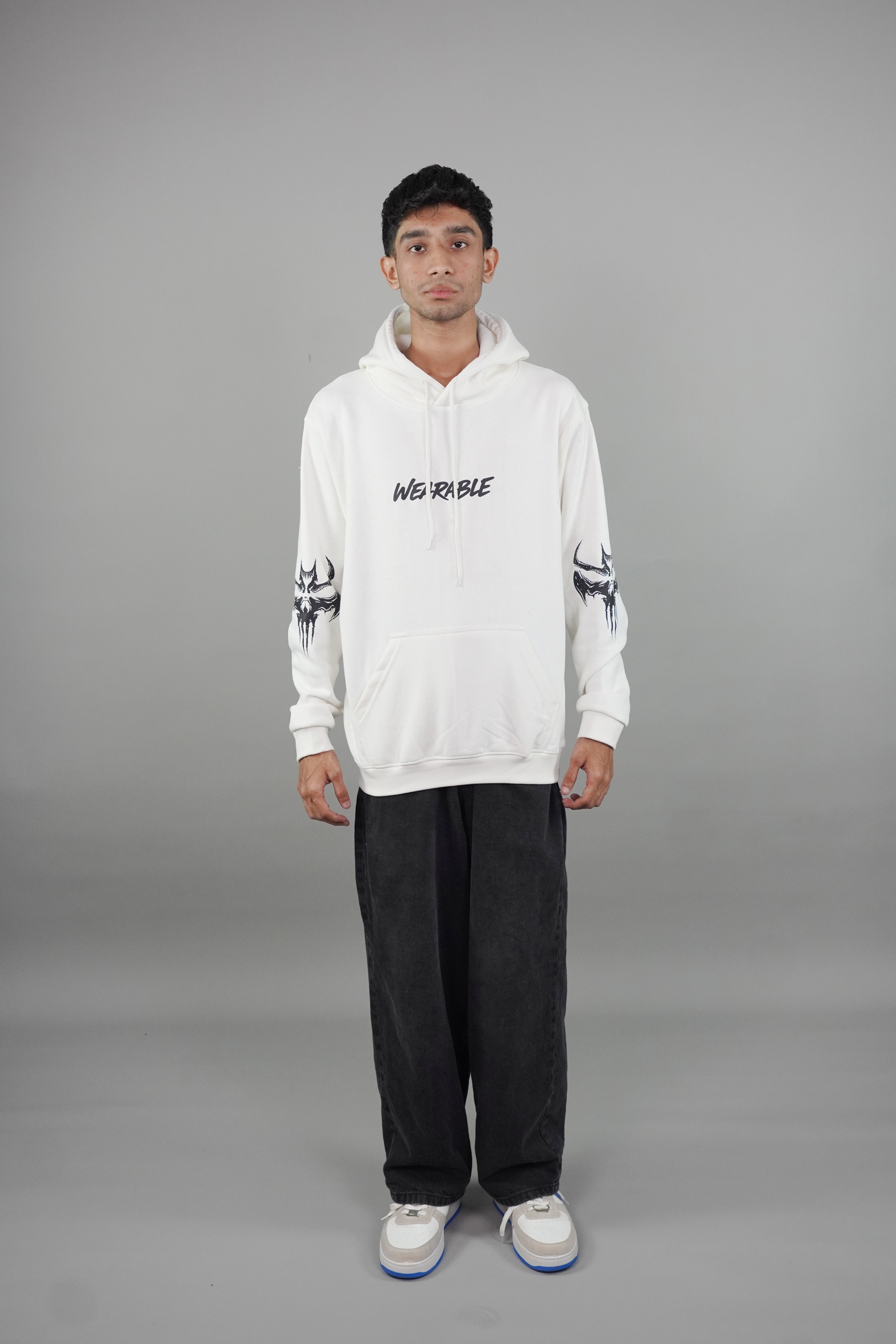 gothic bat skull graphic print White Hoodie