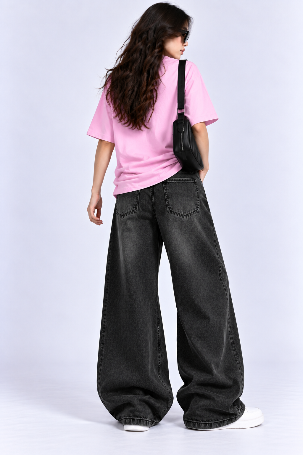 Black Washed Denim Baggy Wide-Leg Jeans