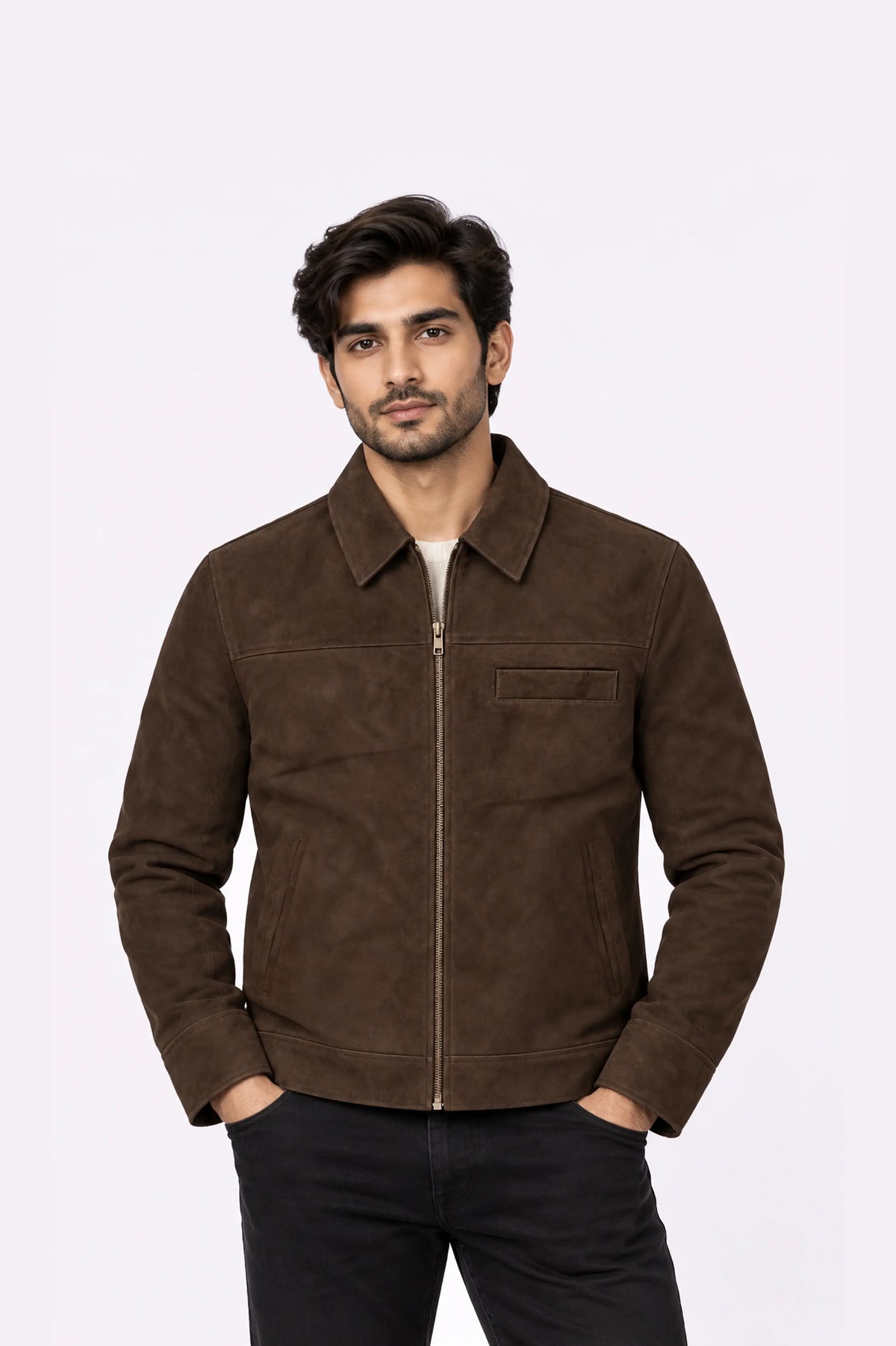 Real Dark Brown Suede Zip-Up Jacket