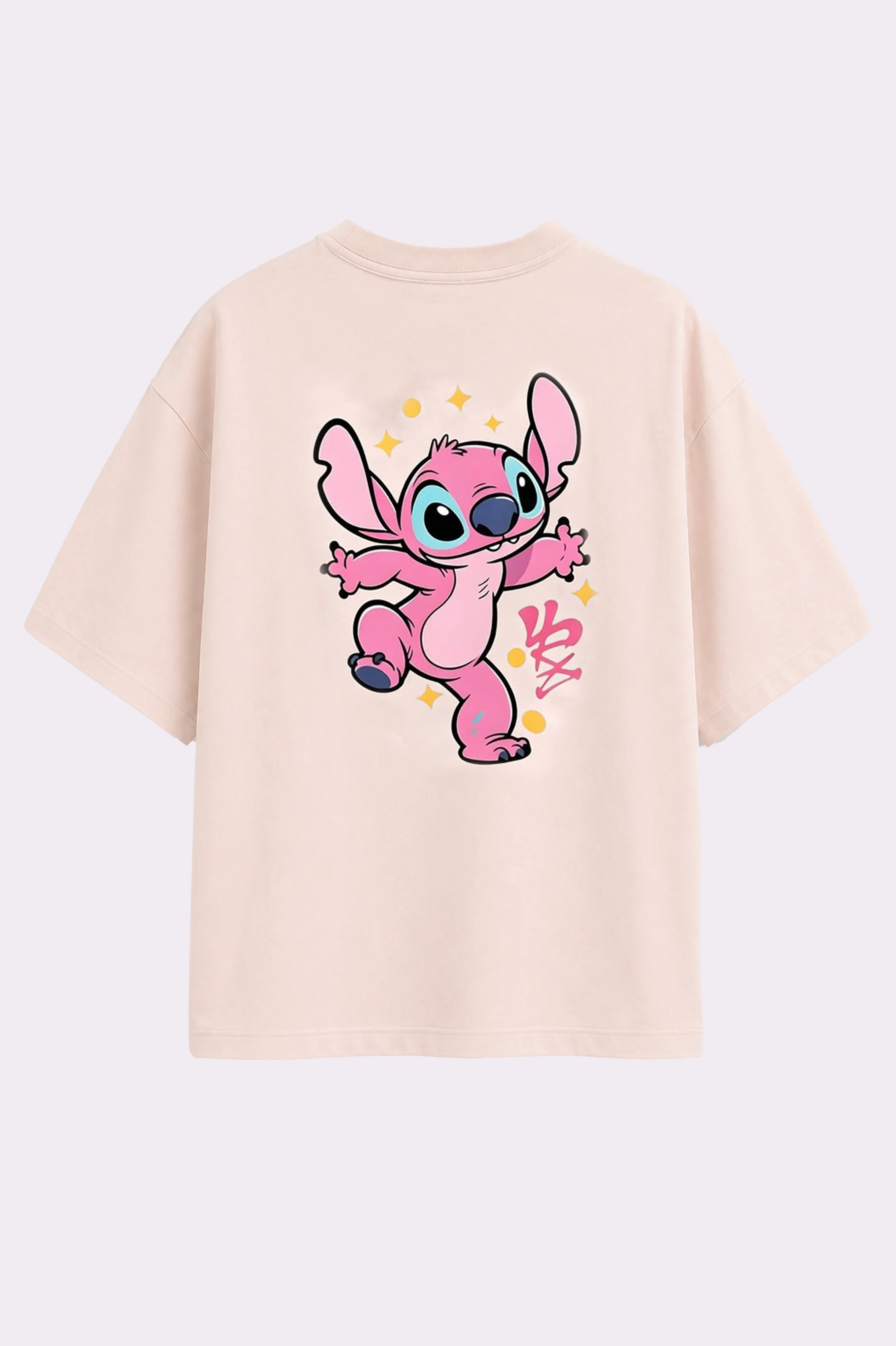 Pink Stitch Oversized Beige T-Shirt