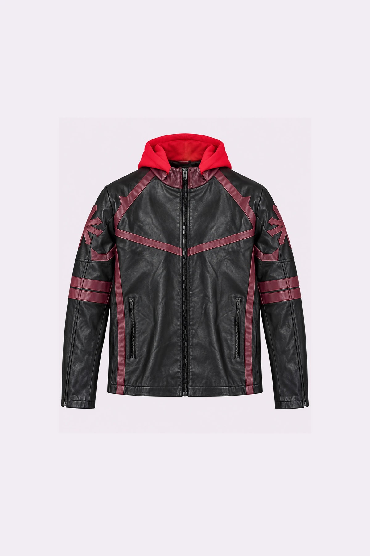 Black Leather Red Hooded Jacket