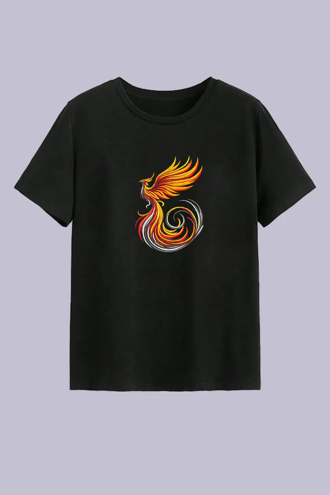Fiery Phoenix Embroidery Black T-Shirt