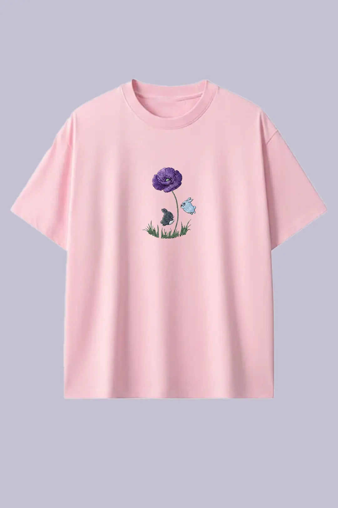 Twin Rabbits Embroidered Oversized Pink T-Shirt