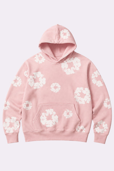 Pink Floral Wreath Printed Pullover Hoodie