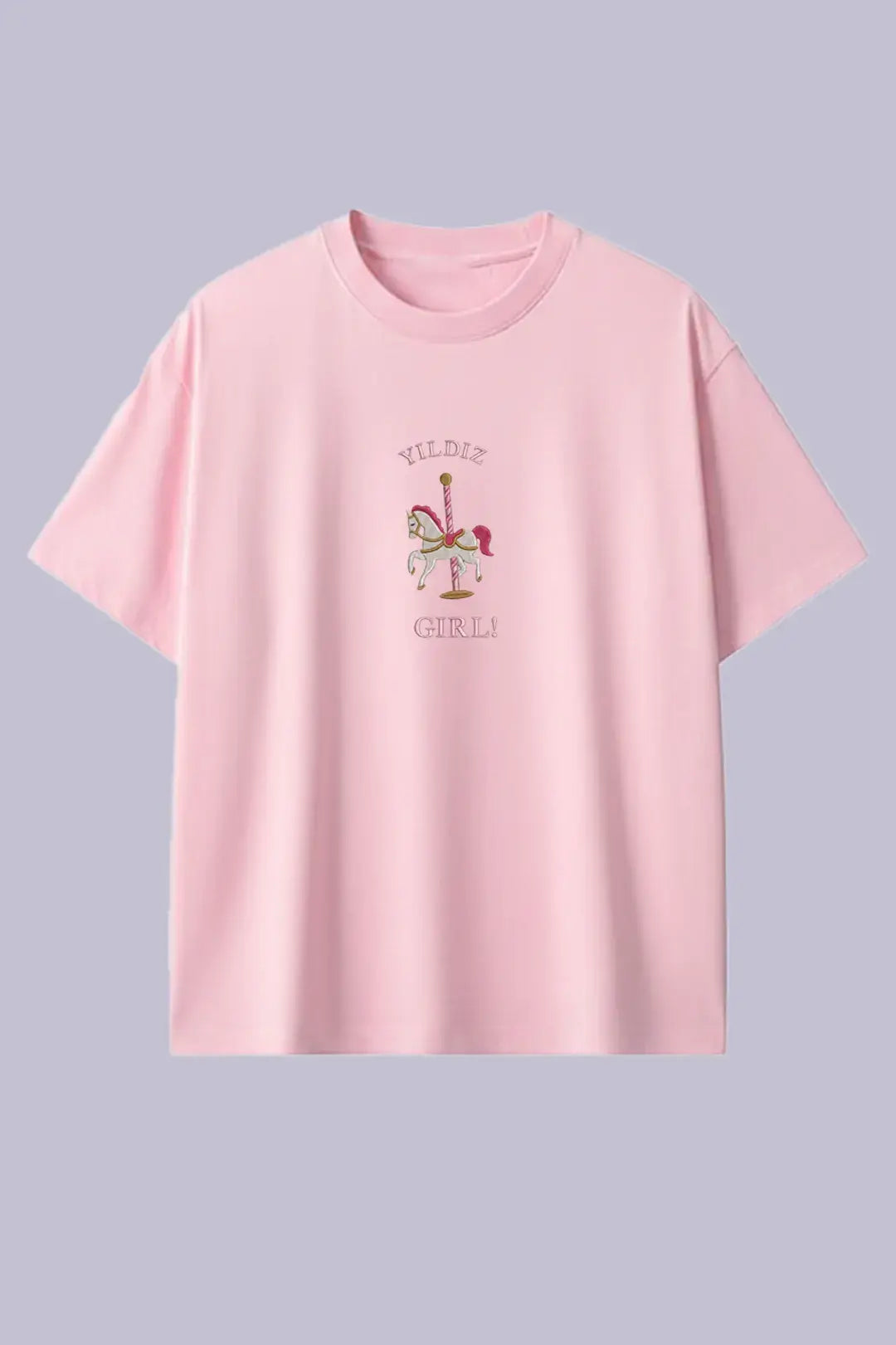 Yildiz Girl Carousel Horse Embroidered Pink T-Shirt