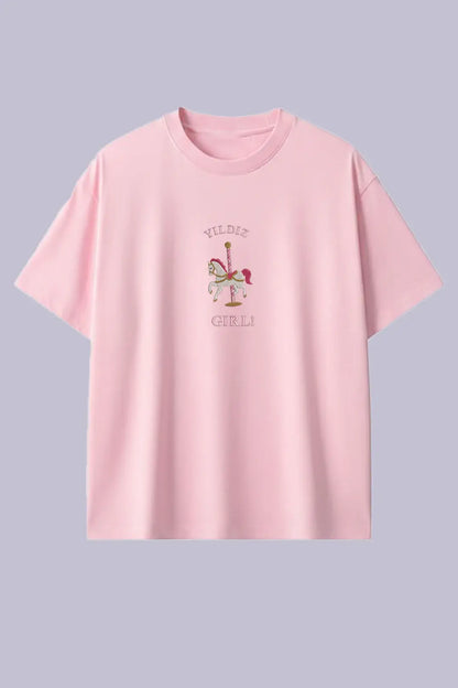 Yildiz Girl Carousel Horse Embroidered Pink T-Shirt
