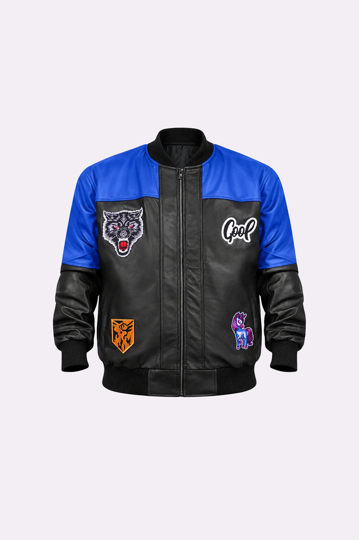 Black / Blue Leather Jacket - front view
