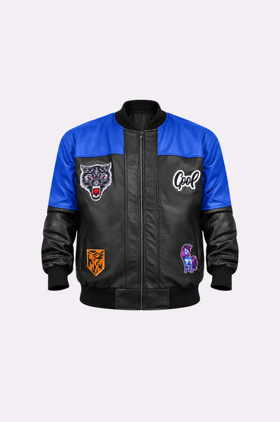 Black / Blue Leather Jacket - front view