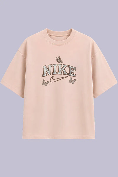 Nike Butterfly Embroidered Beige Oversized T-Shirt