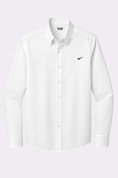 Men's White Embroidered Swoosh Button-Down Shirt