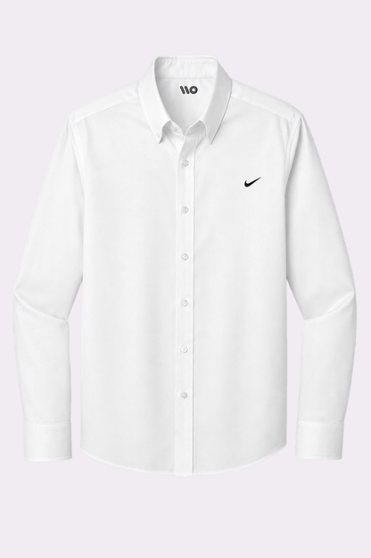 Men's White Embroidered Swoosh Button-Down Shirt