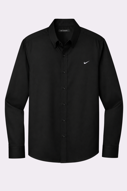Men's Black Embroidered Swoosh Button-Down Shirt