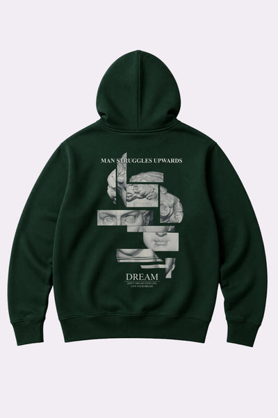 Man Struggles Upwards Statue Green Hoodie