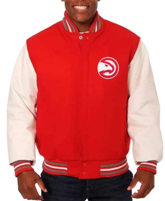 Atlanta Hawks Red And White Letterman Varsity Jacket