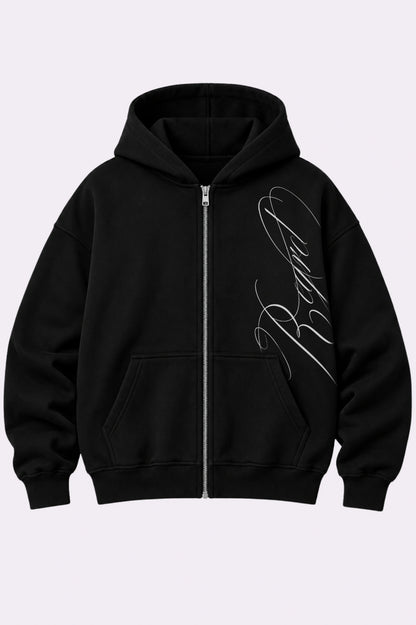 Black Cursive Script Oversized Zip-Up Hoodie