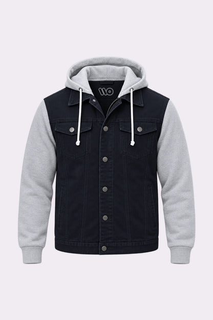 Black Denim & Grey Sleeve Hooded Jacket