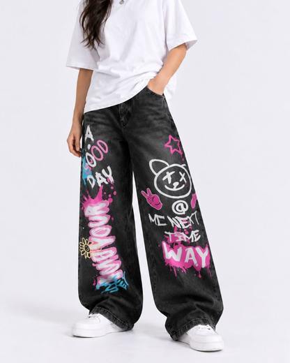 Black Graffiti Bear Baggy Jeans