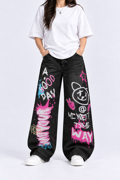 Black Graffiti Bear Baggy Jeans