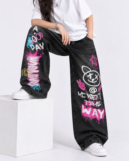 Black Graffiti Bear Baggy Jeans