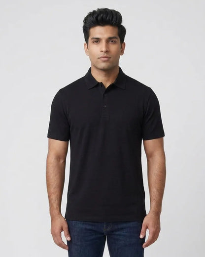 Black Knitted Cotton Polo Shirt for Men