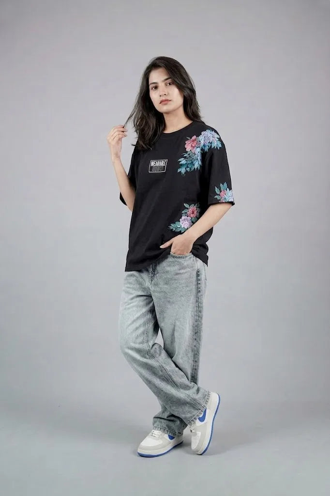 Midnight Floral Black Oversized T-Shirt