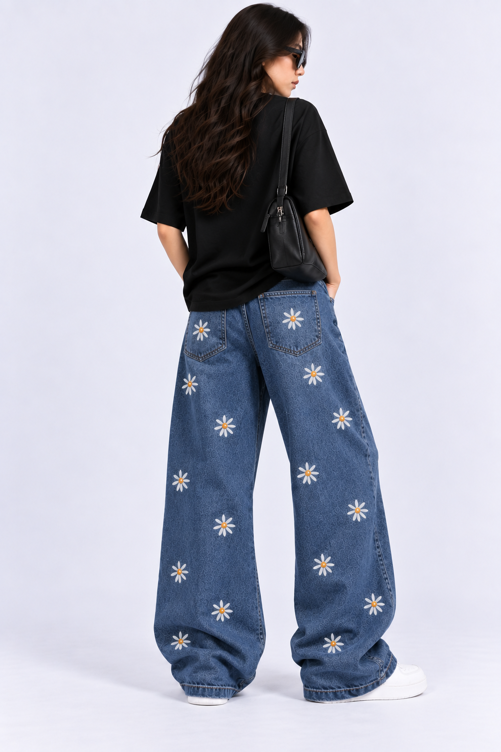 Blue Daisy Embroidered Wide-Leg Jeans