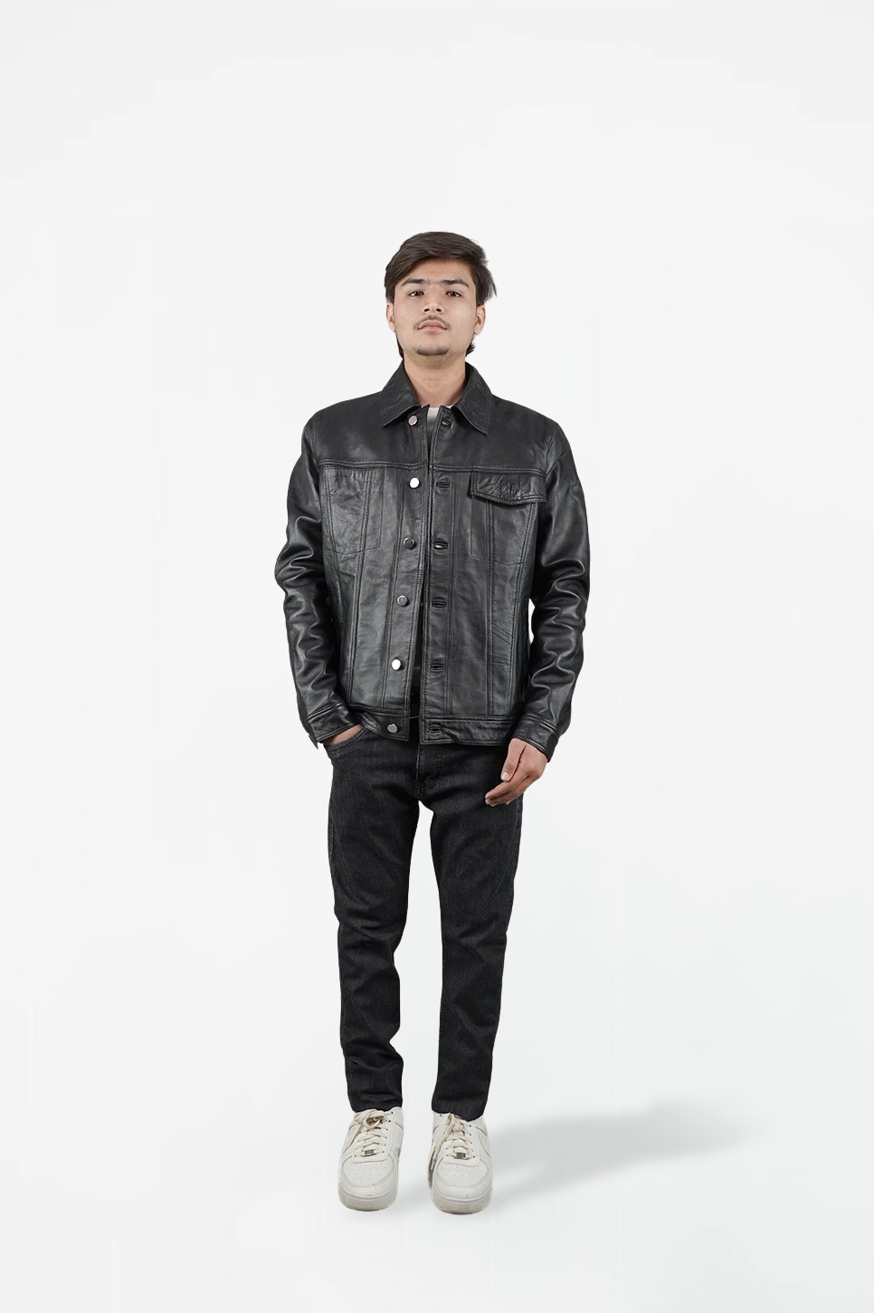 Casual Style Black Leather Trucker Jacket
