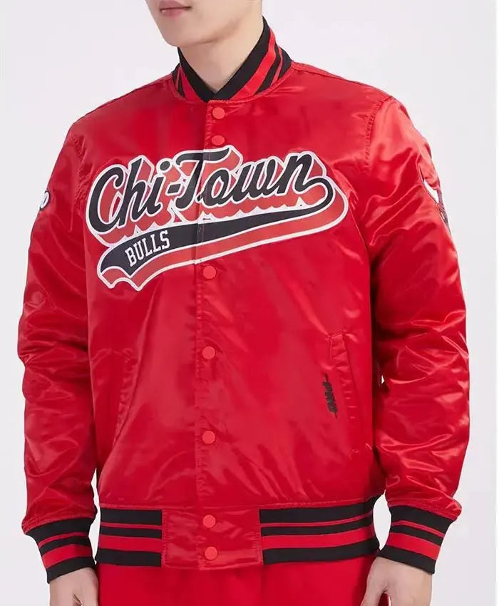 Chicago Bulls Script Tail Red Satin Varsity Jacket