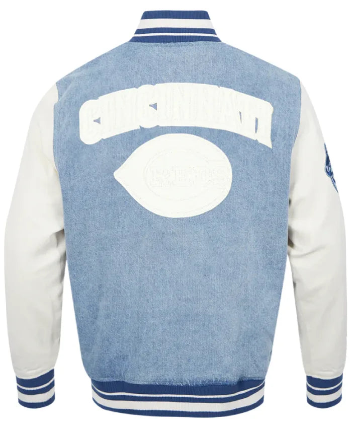 Cincinnati Reds Blue and White Denim Varsity Jacket
