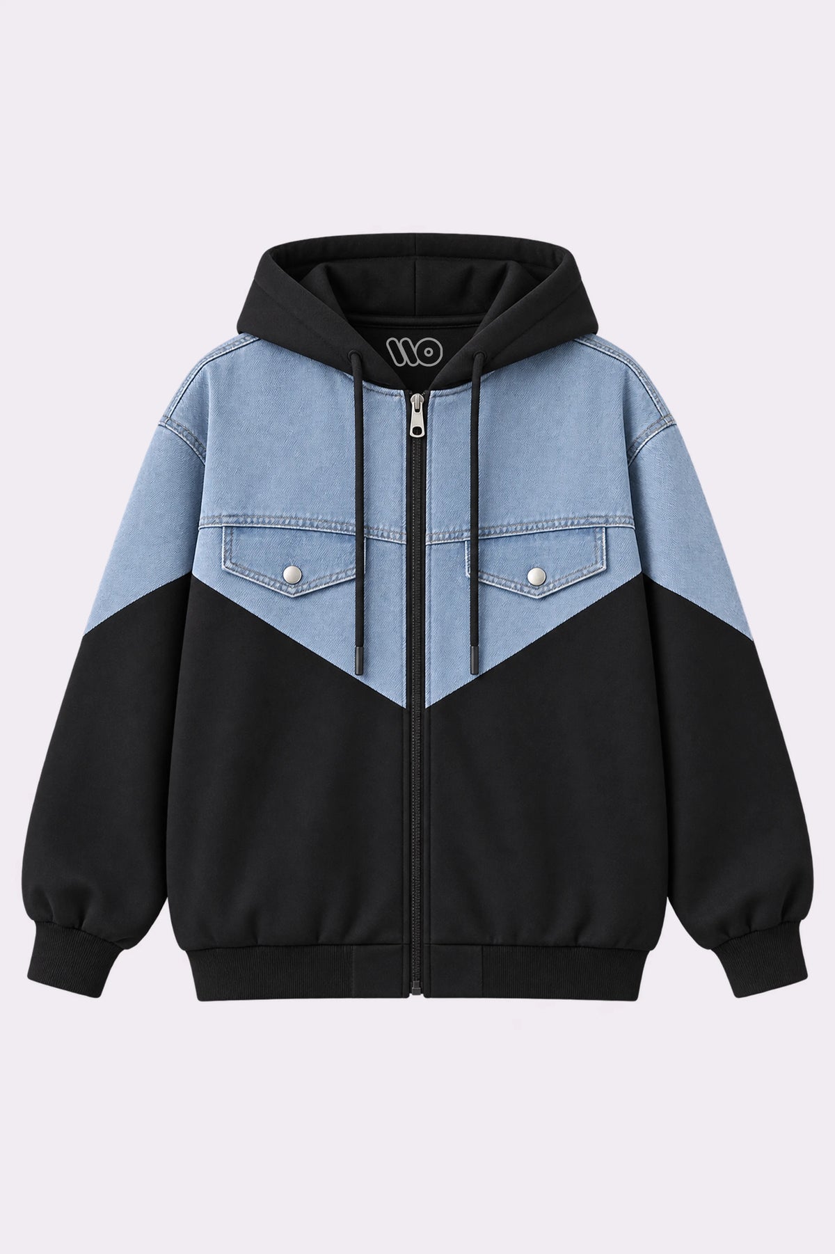 Black & Blue Denim Panel Zip-Up Hoodie