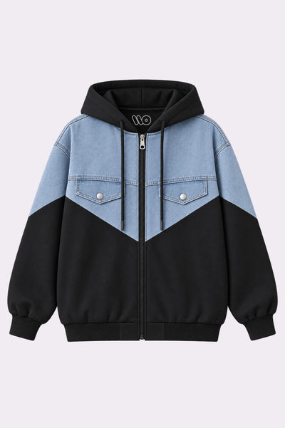 Black & Blue Denim Panel Zip-Up Hoodie