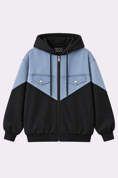 Black & Blue Denim Panel Zip-Up Hoodie