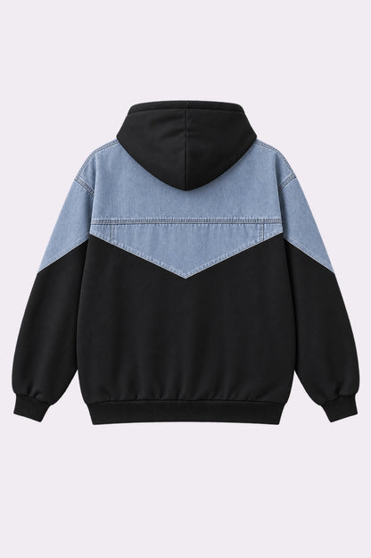 Black & Blue Denim Panel Zip-Up Hoodie