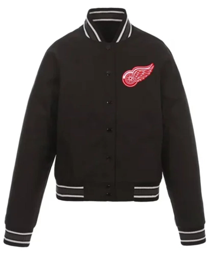 Detroit Red Wings Front-Hit Black Poly Twill Varsity Jacket