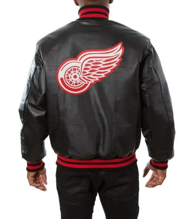 Detroit Red Wings Black Leather Varsity Jacket