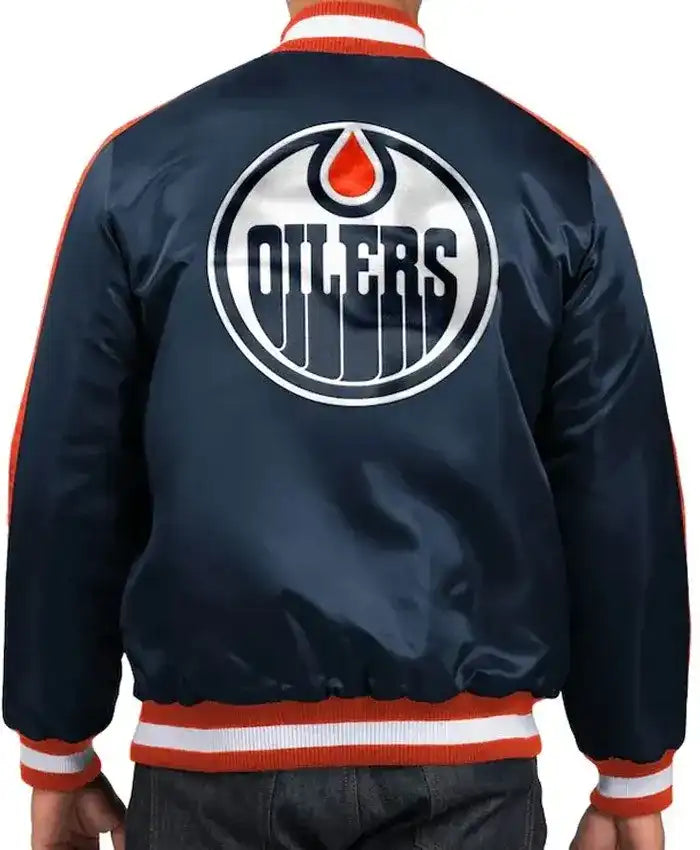 Edmonton Oilers O-Line Navy Blue Satin Varsity Jacket