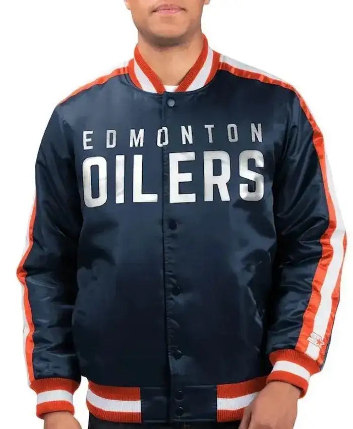Edmonton Oilers O-Line Navy Blue Satin Varsity Jacket