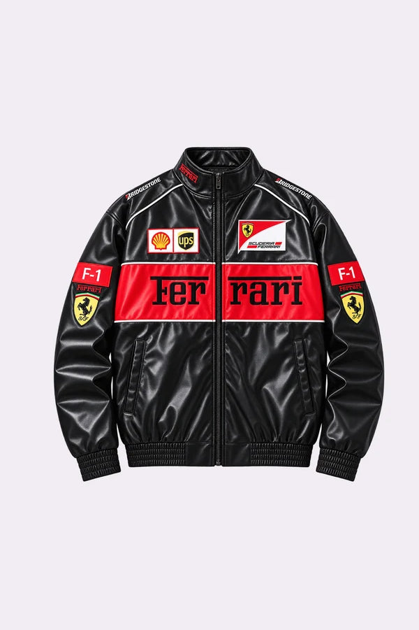Ferrari F1 Black Faux Leather Racing Jacket